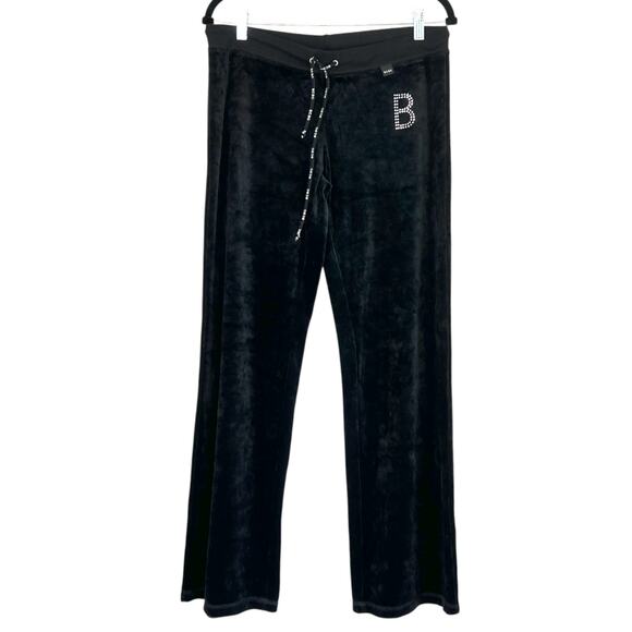 Y2K BCBGmaxazria Velour Rhinestone Logo Straight Leg Pants Black Size Large - Picture 2 of 8